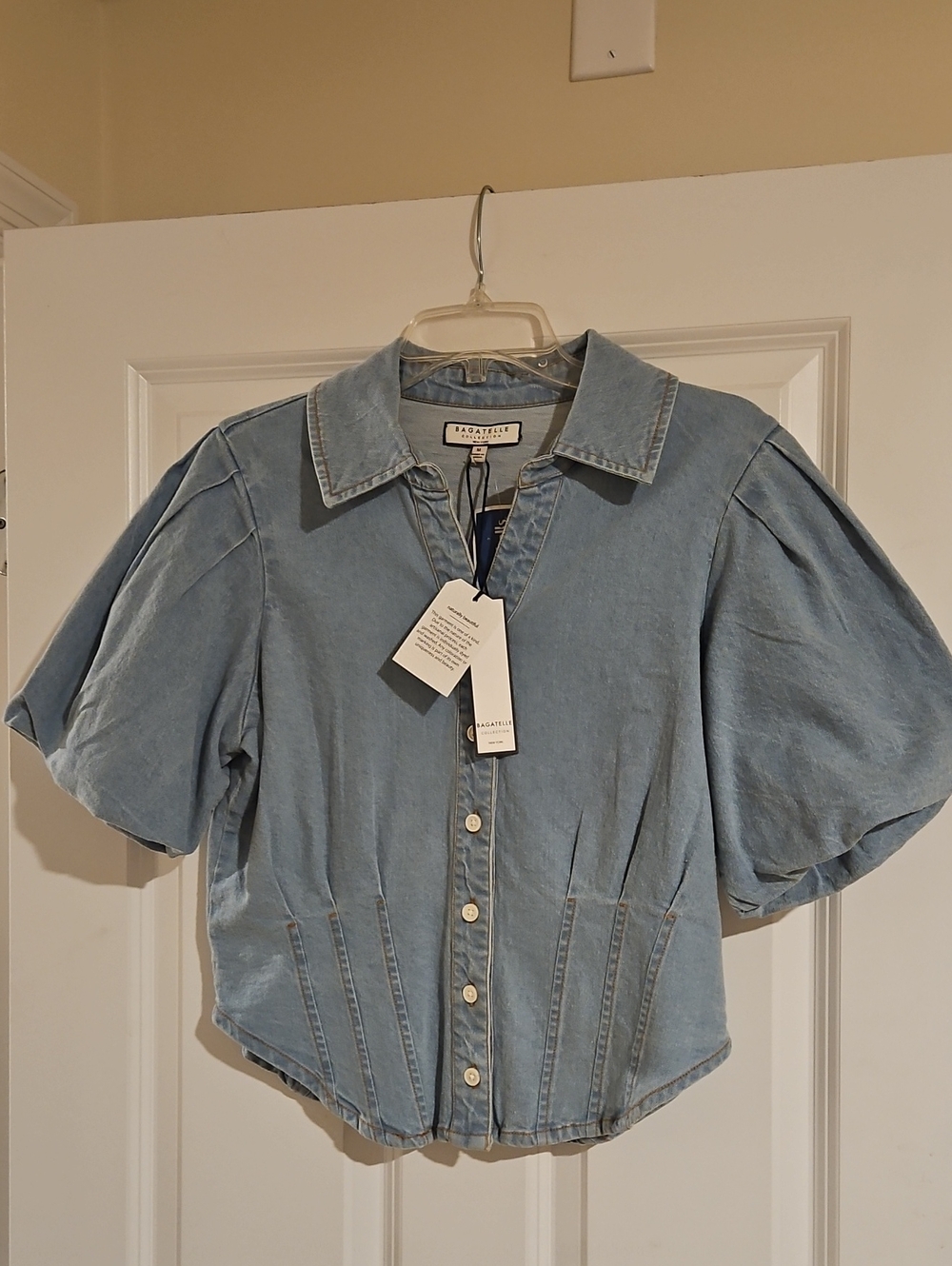 Light Blue Denim Puff-Sleeve Button Front Top Cinch Waist